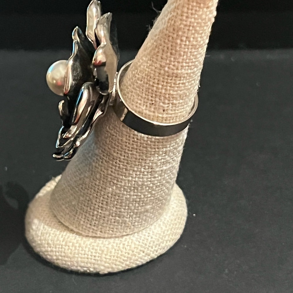 Black Ceramic Statement Flower Ring. Adjustable. - image 4